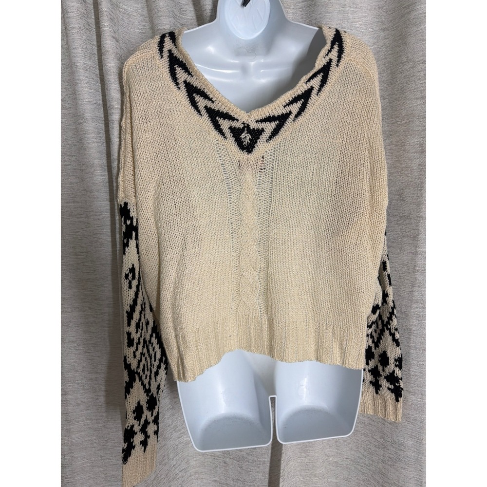 POL Clothing Women Cream Black Tribal Geometric Knit V-Neck Sweater BST217A Med - Picture 4 of 6